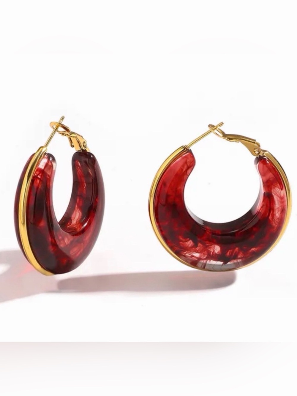 Deep Red Crescent Gold-Tone Hoop Earrings